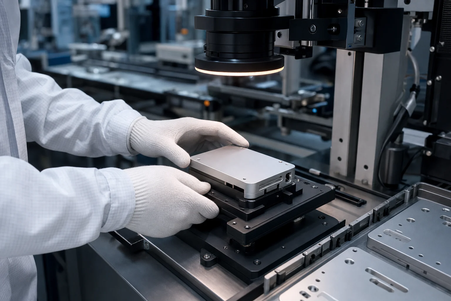 Technician placing an aluminum enclosure into a machine-vision inspection fixture