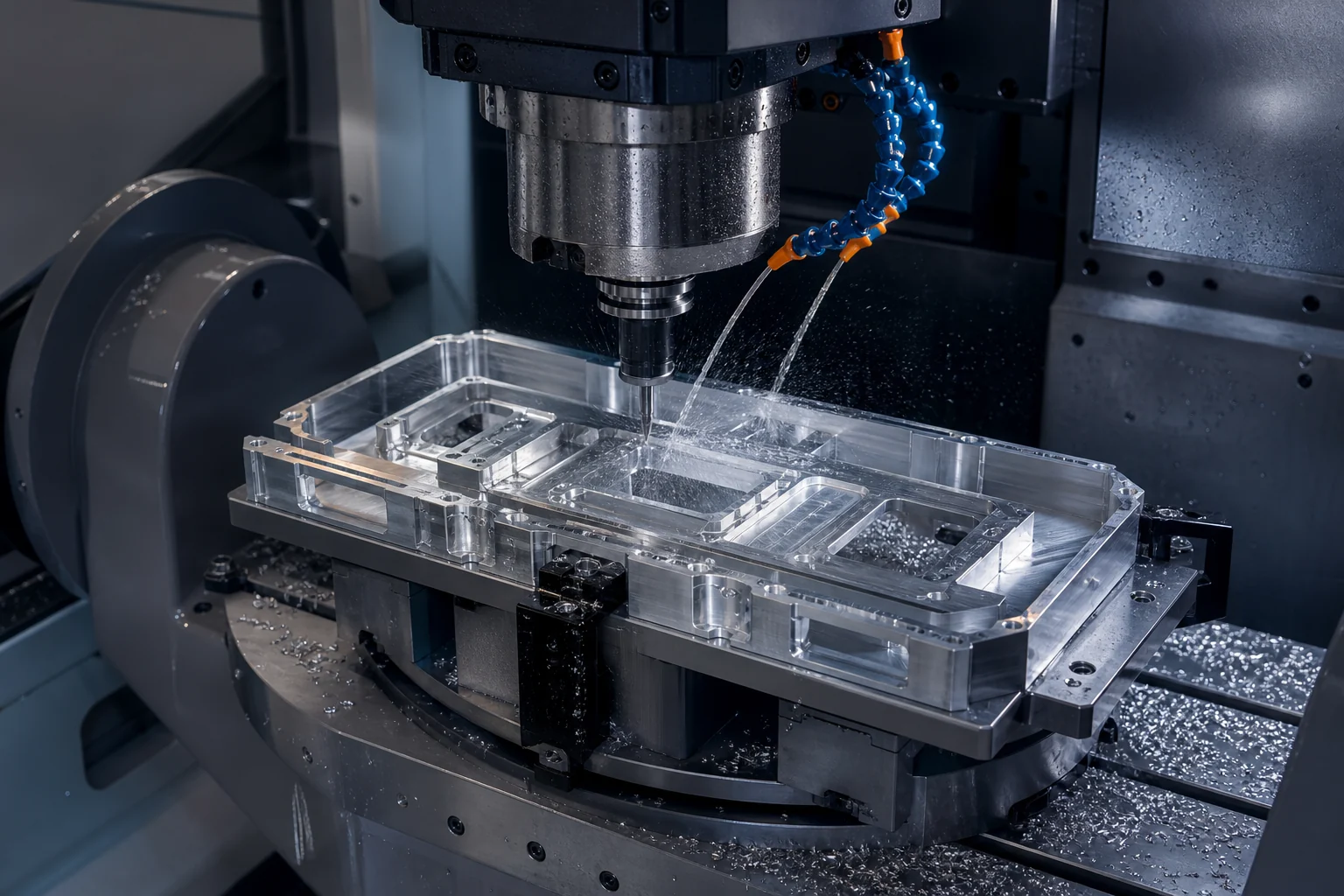 Five-axis CNC machining of a precision aluminum electronics enclosure