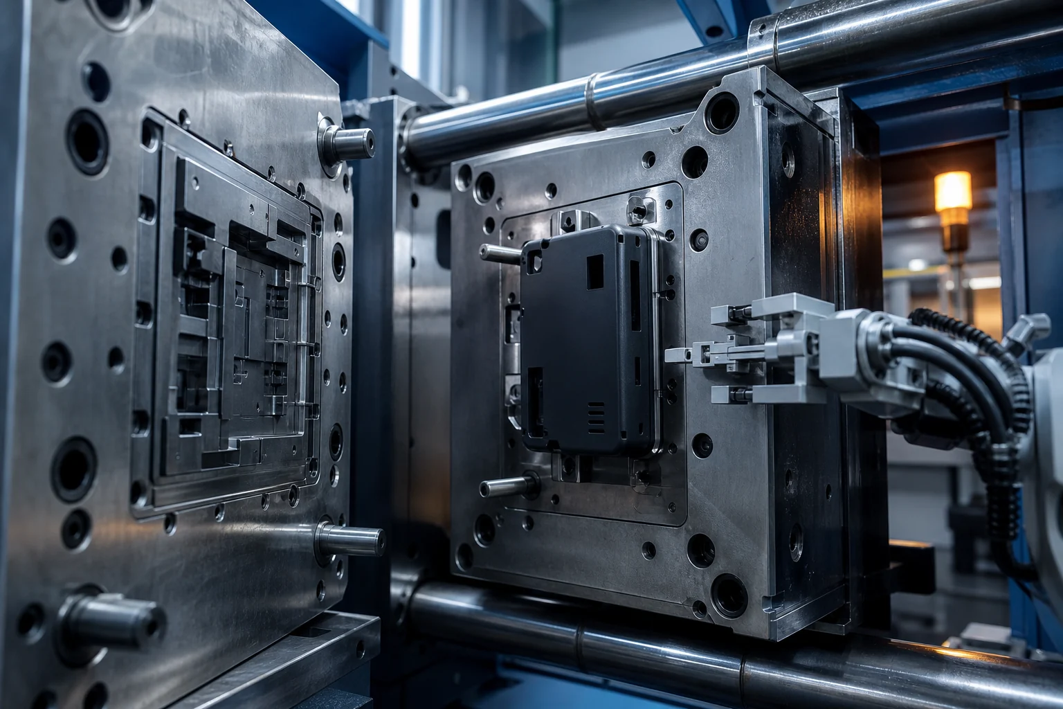 Precision injection mold open with a newly molded polymer housing